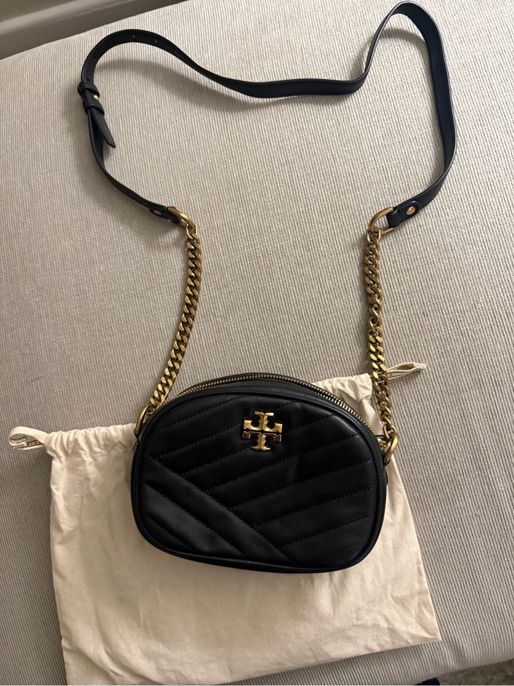 Tory Burch Black Quilted Leather Crossbody with Gold Logo Chain
